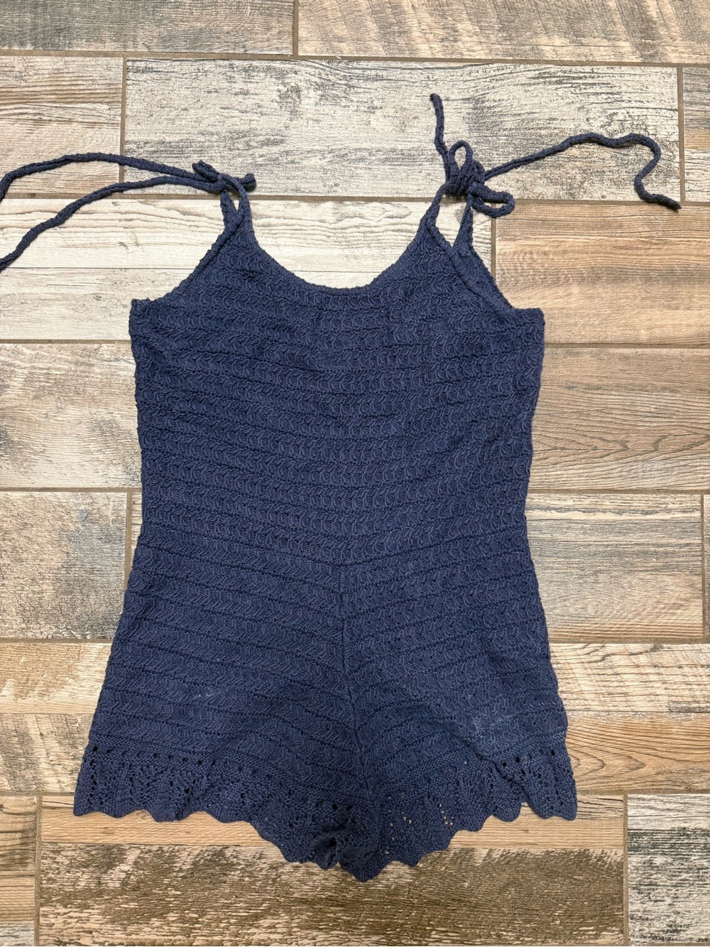 American Eagle Outfitters Navy Crochet Tie-Shoulder Romper